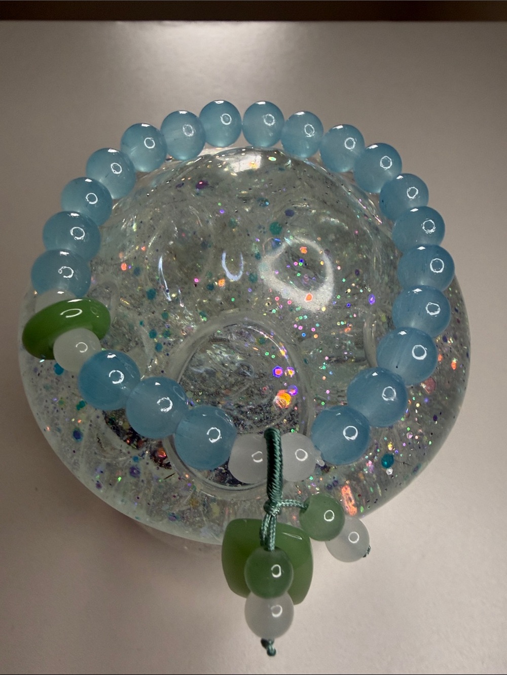 Blue and Green Glass Beaded Stretch Bracelet